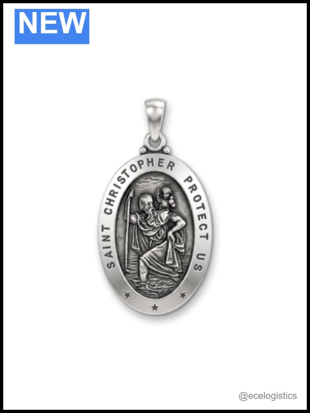 925 Sterling Silver Saint Christopher Oval Pendant Medal